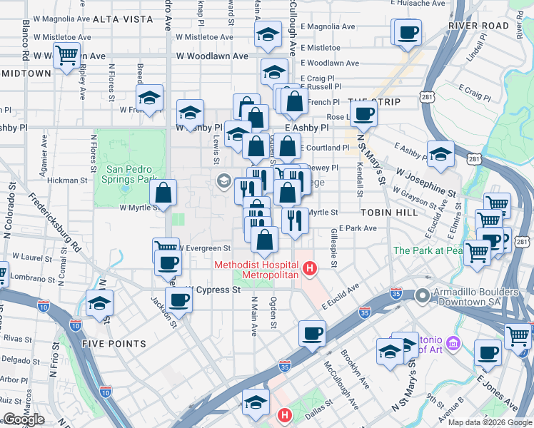 map of restaurants, bars, coffee shops, grocery stores, and more near 131 East Myrtle Street in San Antonio