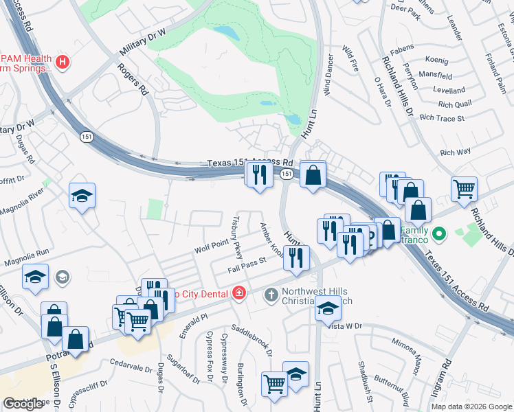 map of restaurants, bars, coffee shops, grocery stores, and more near 9427 Massaro Street in San Antonio