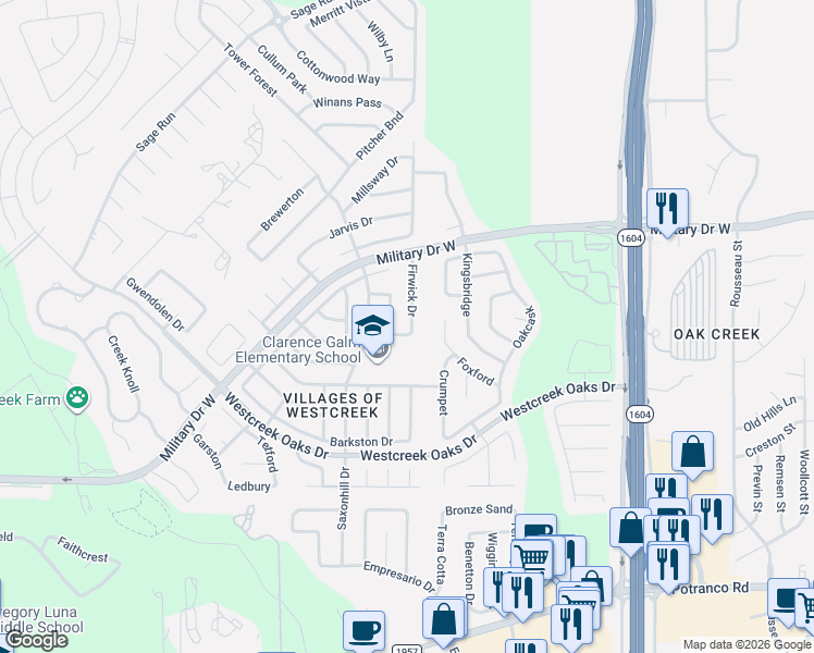 map of restaurants, bars, coffee shops, grocery stores, and more near 1518 Mooreshill Drive in San Antonio