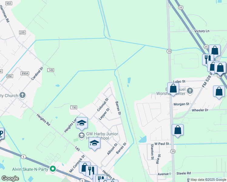 map of restaurants, bars, coffee shops, grocery stores, and more near 1522 Barras Street in Alvin