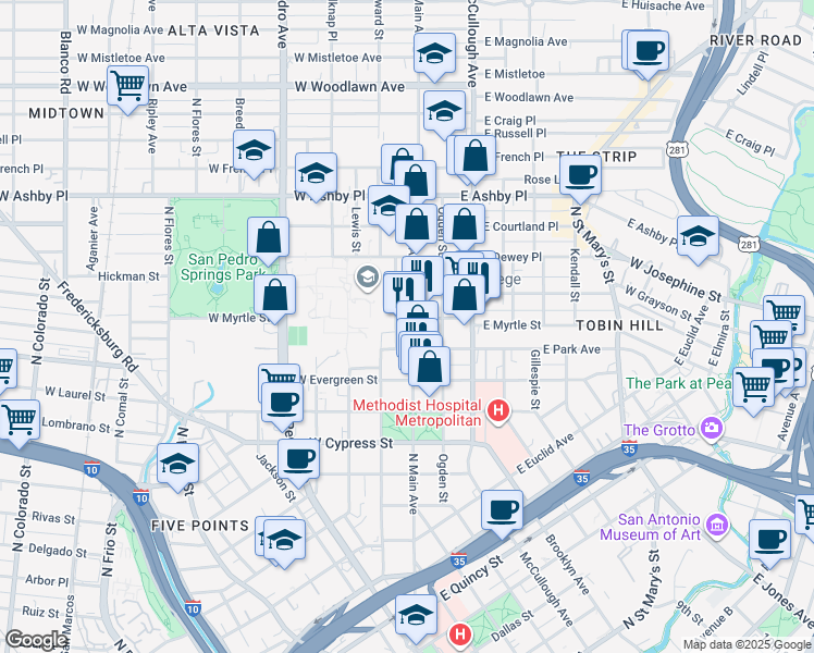 map of restaurants, bars, coffee shops, grocery stores, and more near 101199 West Myrtle Street in San Antonio