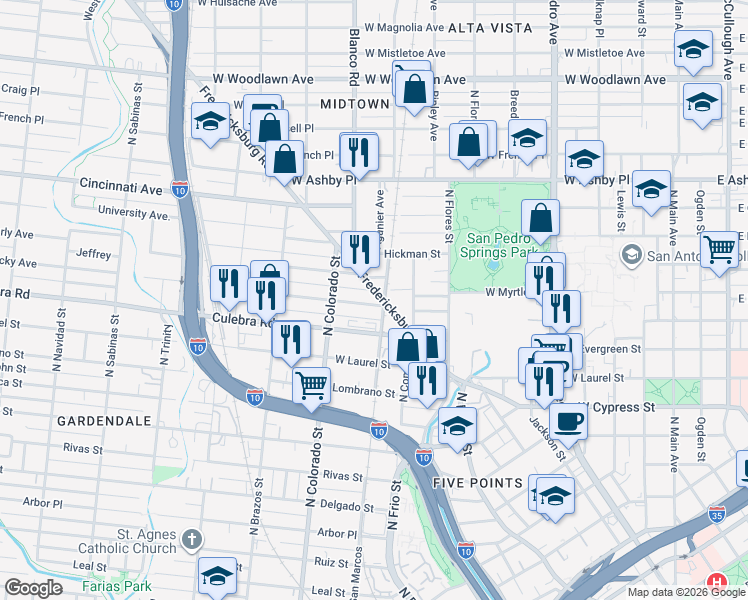 map of restaurants, bars, coffee shops, grocery stores, and more near 1018 West Myrtle Street in San Antonio