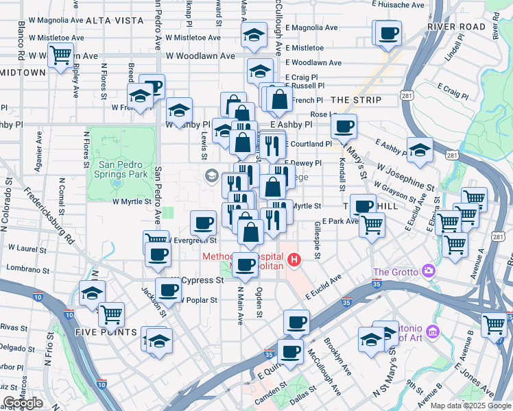map of restaurants, bars, coffee shops, grocery stores, and more near 131 East Myrtle Street in San Antonio