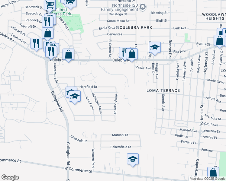 map of restaurants, bars, coffee shops, grocery stores, and more near 5318 Harefield Drive in San Antonio