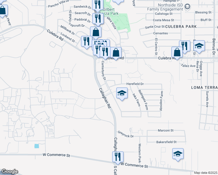 map of restaurants, bars, coffee shops, grocery stores, and more near 1100 Callaghan Road in San Antonio