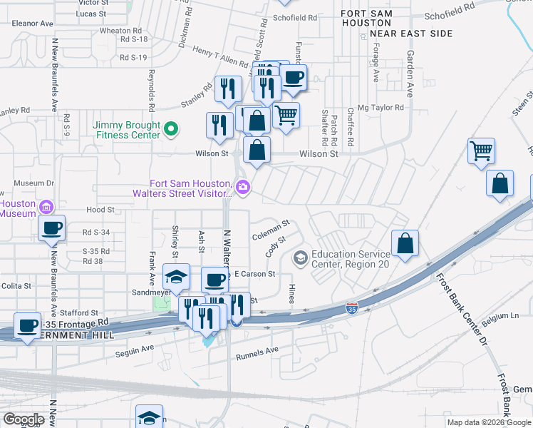 map of restaurants, bars, coffee shops, grocery stores, and more near 519 Bee Street in San Antonio