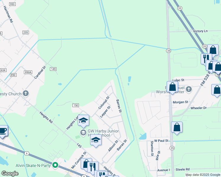 map of restaurants, bars, coffee shops, grocery stores, and more near 1522 Barras Street in Alvin