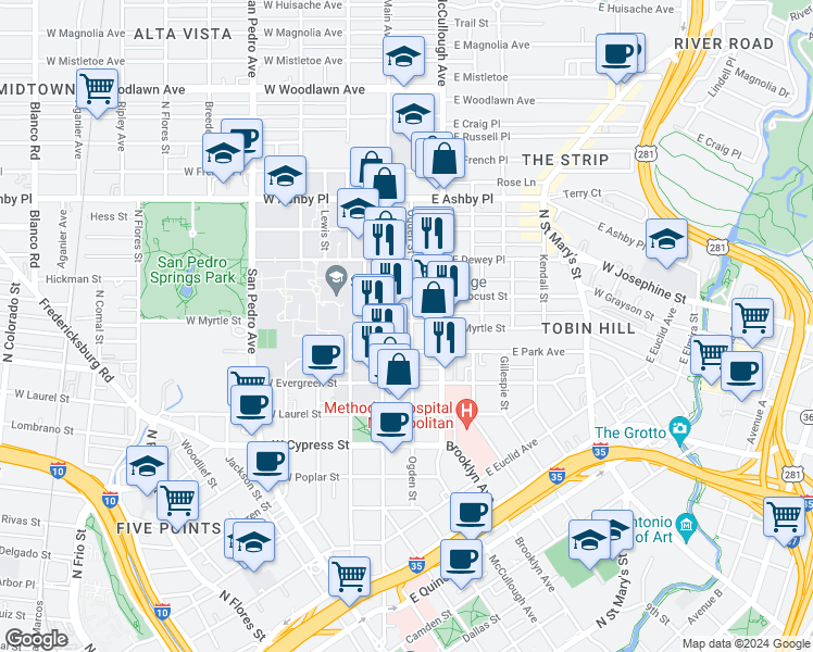 map of restaurants, bars, coffee shops, grocery stores, and more near 131 East Myrtle Street in San Antonio