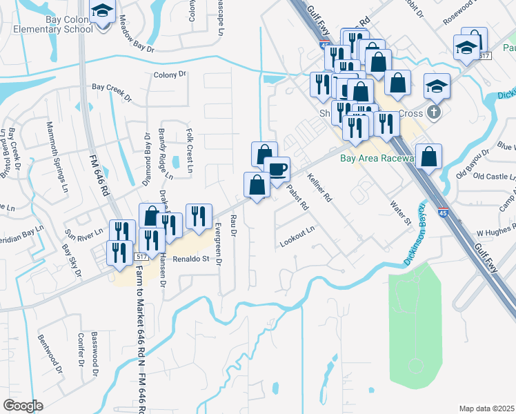 map of restaurants, bars, coffee shops, grocery stores, and more near 1100 Farm to Market Road 517 in Dickinson