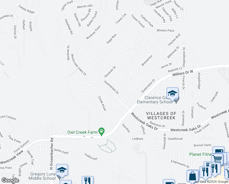 map of restaurants, bars, coffee shops, grocery stores, and more near 12202 Gwendolen Drive in San Antonio