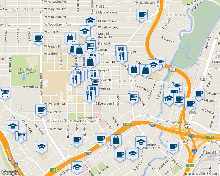 map of restaurants, bars, coffee shops, grocery stores, and more near 401 East Myrtle Street in San Antonio