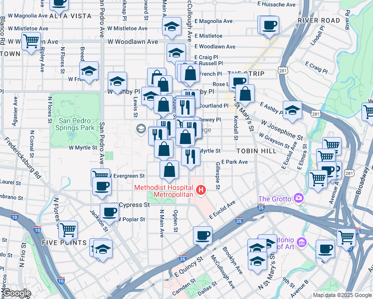 map of restaurants, bars, coffee shops, grocery stores, and more near 1624 McCullough Avenue in San Antonio