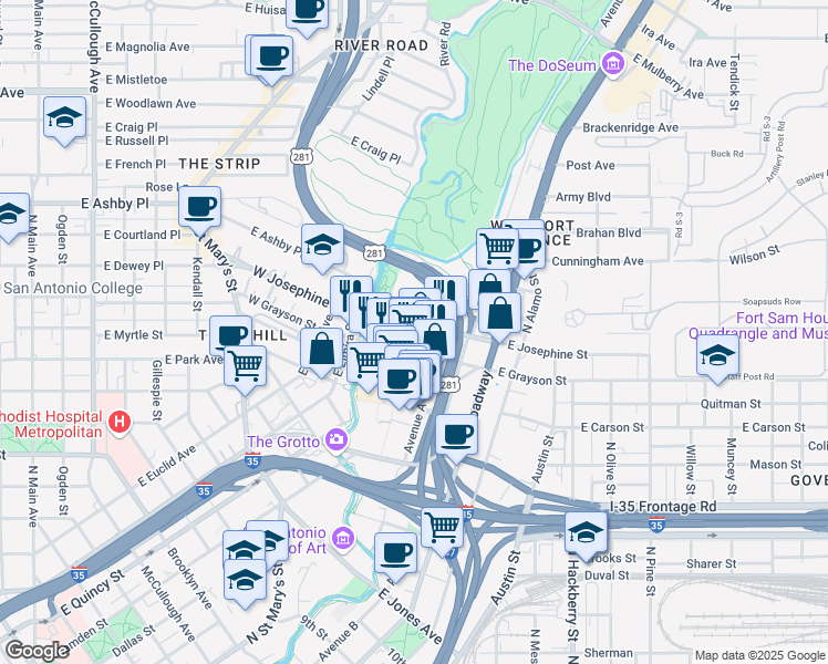 map of restaurants, bars, coffee shops, grocery stores, and more near 218 East Josephine Street in San Antonio
