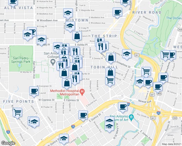 map of restaurants, bars, coffee shops, grocery stores, and more near 401 East Myrtle Street in San Antonio