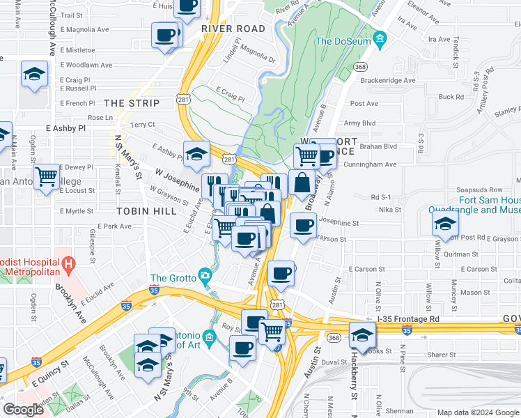map of restaurants, bars, coffee shops, grocery stores, and more near 302 East Josephine Street in San Antonio