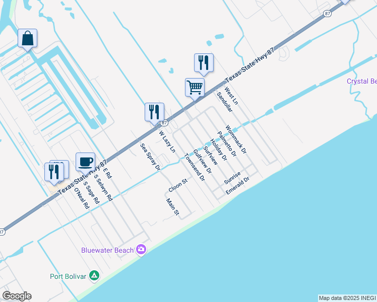 map of restaurants, bars, coffee shops, grocery stores, and more near 954 Townsend Drive in Bolivar Peninsula
