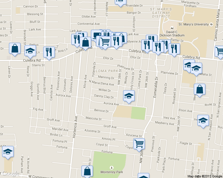 map of restaurants, bars, coffee shops, grocery stores, and more near 119 Willee Drive in San Antonio