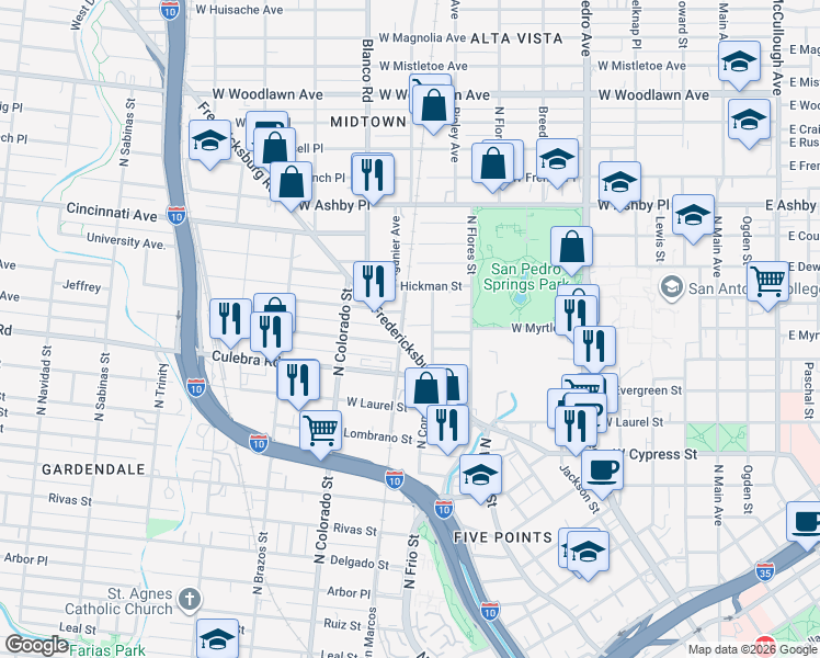 map of restaurants, bars, coffee shops, grocery stores, and more near 1018 West Myrtle Street in San Antonio