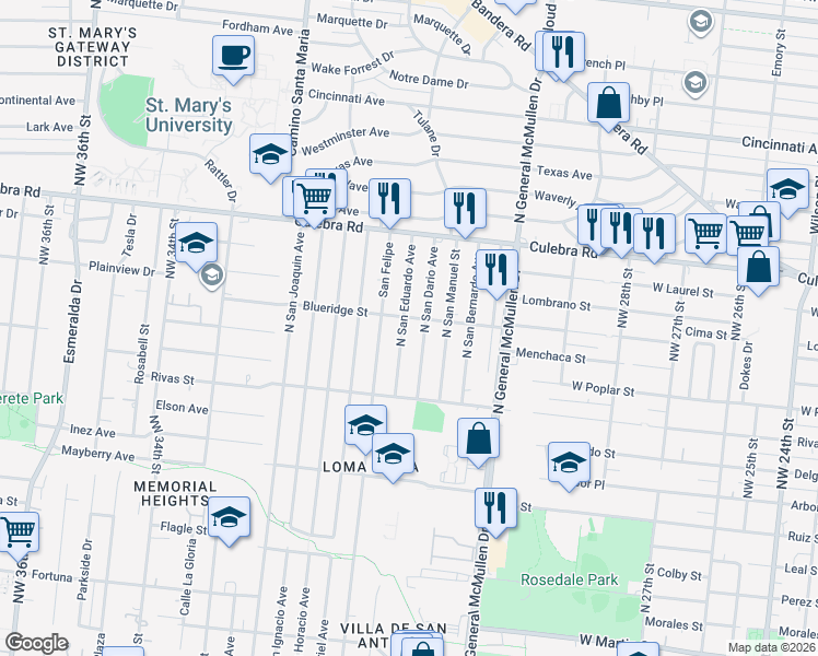 map of restaurants, bars, coffee shops, grocery stores, and more near 566 North San Eduardo Avenue in San Antonio
