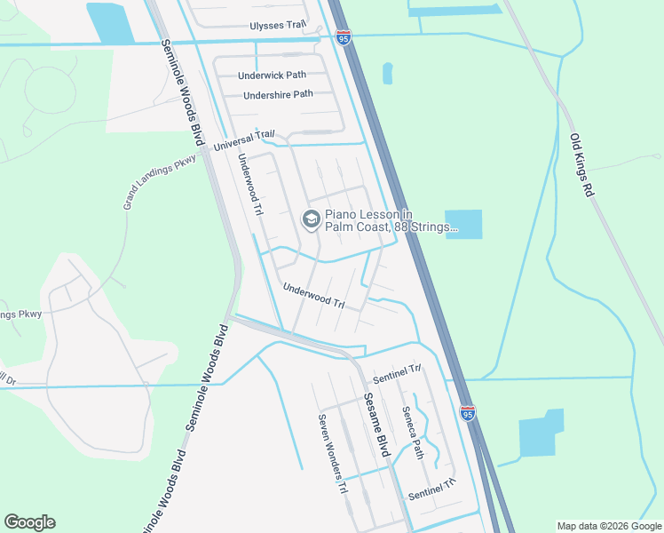 map of restaurants, bars, coffee shops, grocery stores, and more near 42 Universal Trail in Palm Coast