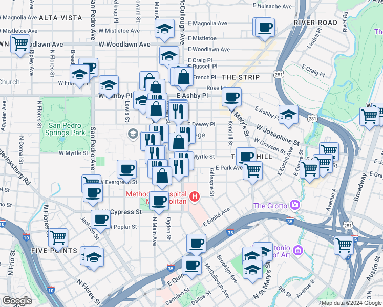 map of restaurants, bars, coffee shops, grocery stores, and more near 1624 McCullough Avenue in San Antonio