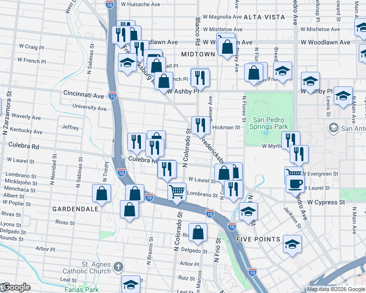 map of restaurants, bars, coffee shops, grocery stores, and more near 211 Cornell Avenue in San Antonio