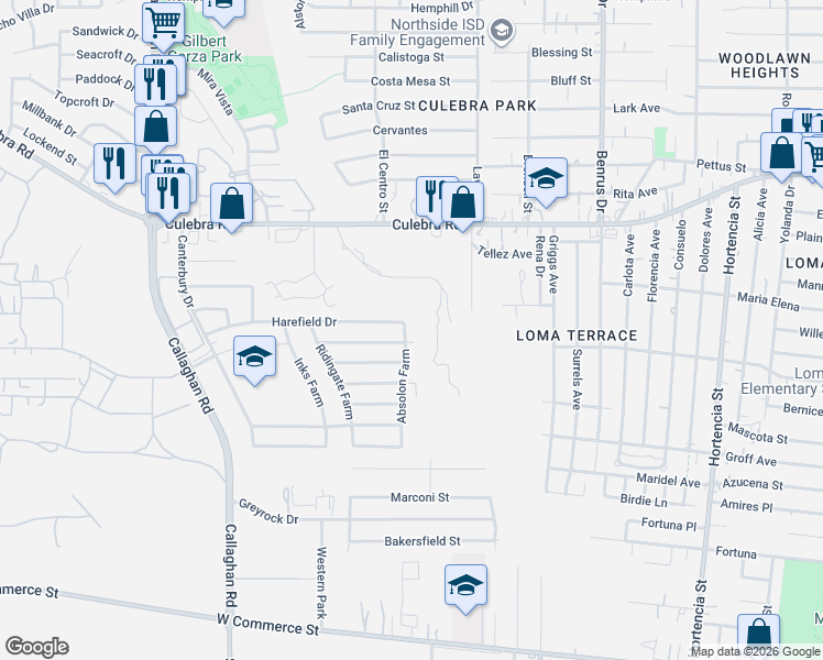 map of restaurants, bars, coffee shops, grocery stores, and more near 1000 Laven Drive in San Antonio