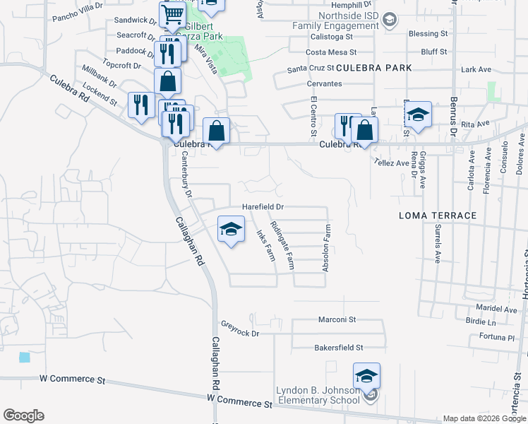 map of restaurants, bars, coffee shops, grocery stores, and more near 915 Ridingate Farm in San Antonio
