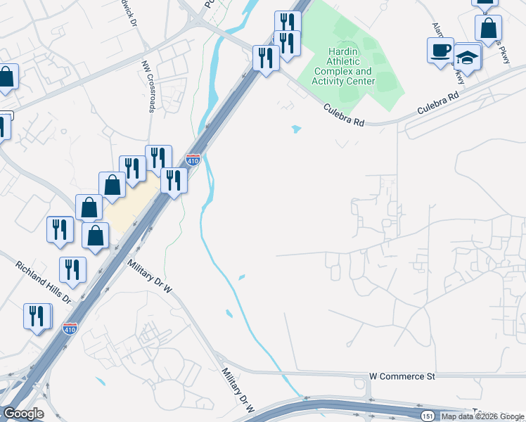 map of restaurants, bars, coffee shops, grocery stores, and more near Martin Goland Avenue in San Antonio