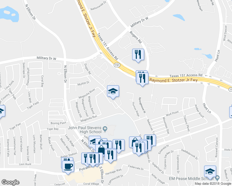 map of restaurants, bars, coffee shops, grocery stores, and more near 9032 Dugas Drive in San Antonio