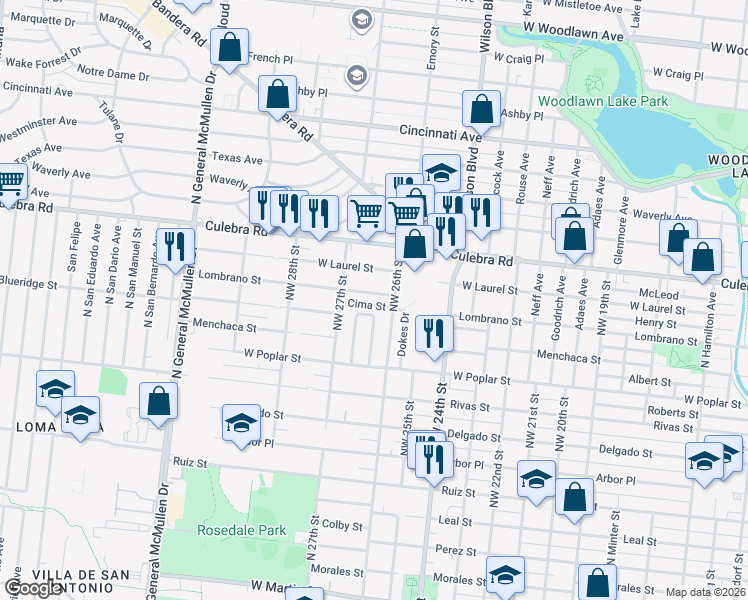 map of restaurants, bars, coffee shops, grocery stores, and more near 2622 Lombrano Street in San Antonio