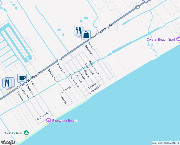 map of restaurants, bars, coffee shops, grocery stores, and more near 873 Palmetto Drive in Bolivar Peninsula