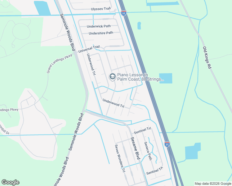map of restaurants, bars, coffee shops, grocery stores, and more near 42 Universal Trail in Palm Coast