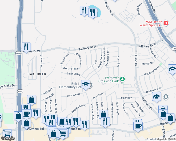 map of restaurants, bars, coffee shops, grocery stores, and more near 1140 Lion King in San Antonio