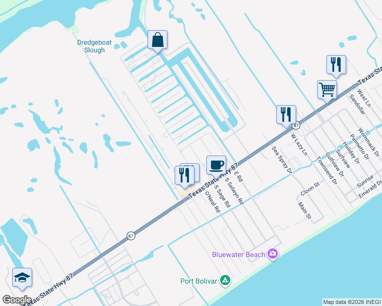 map of restaurants, bars, coffee shops, grocery stores, and more near 1052 North Sage Road in Bolivar Peninsula