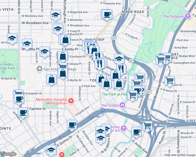 map of restaurants, bars, coffee shops, grocery stores, and more near in San Antonio