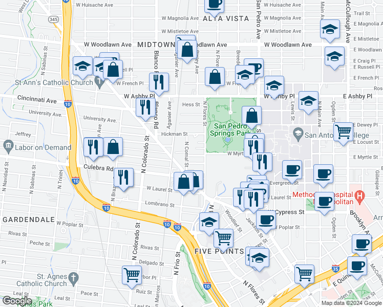 map of restaurants, bars, coffee shops, grocery stores, and more near 941 West Myrtle Street in San Antonio
