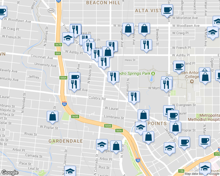 map of restaurants, bars, coffee shops, grocery stores, and more near 135 Cornell Avenue in San Antonio