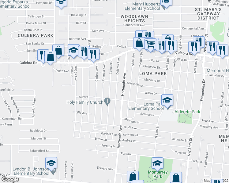 map of restaurants, bars, coffee shops, grocery stores, and more near 227 Dolores Ave in San Antonio