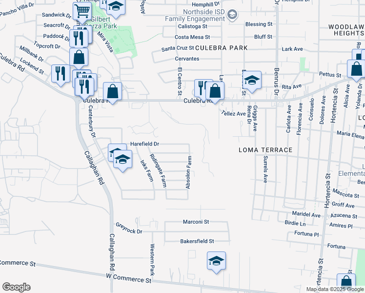 map of restaurants, bars, coffee shops, grocery stores, and more near 5318 Harefield Drive in San Antonio