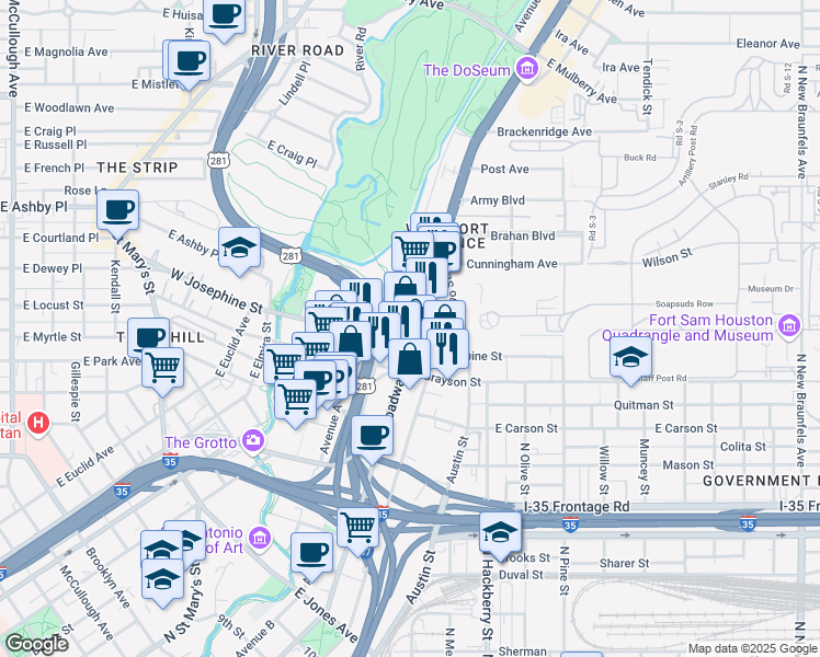 map of restaurants, bars, coffee shops, grocery stores, and more near 2015 Broadway in San Antonio