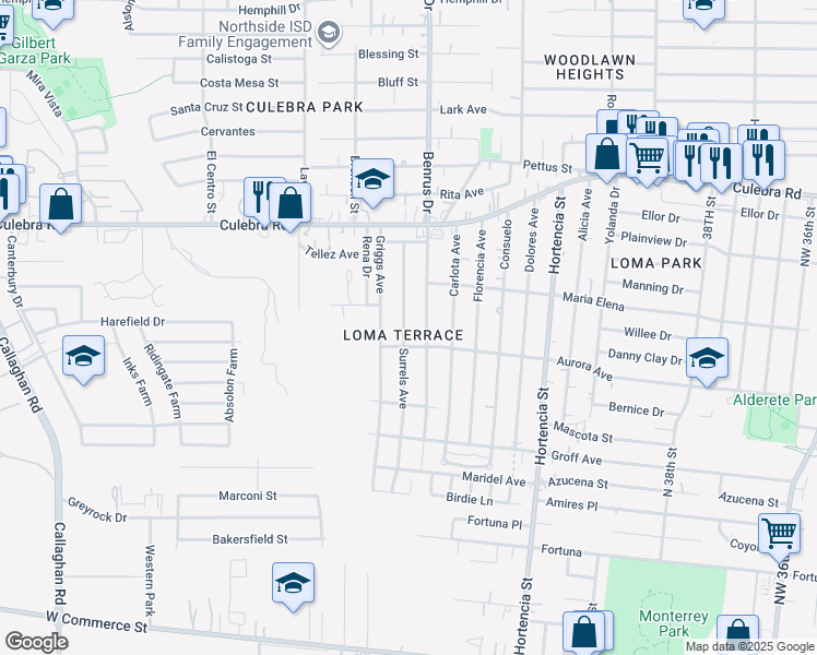 map of restaurants, bars, coffee shops, grocery stores, and more near 414 Surrels Avenue in San Antonio