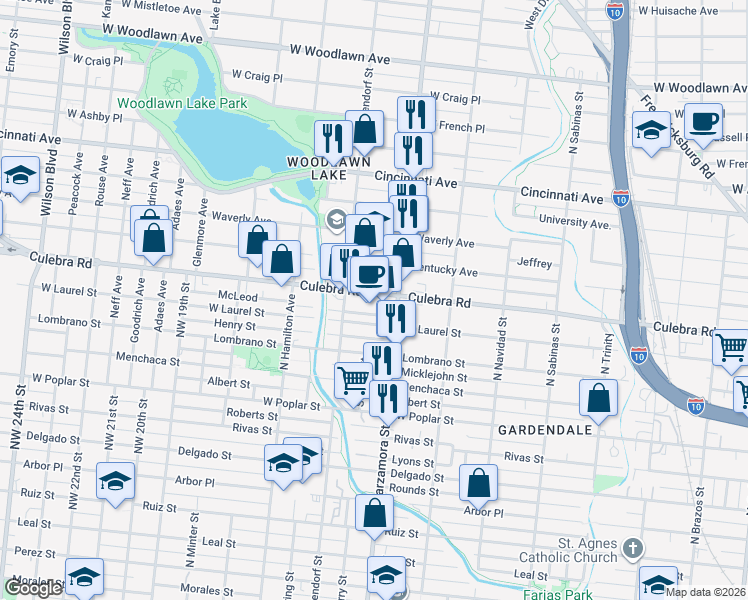 map of restaurants, bars, coffee shops, grocery stores, and more near 1122 Culebra Road in San Antonio