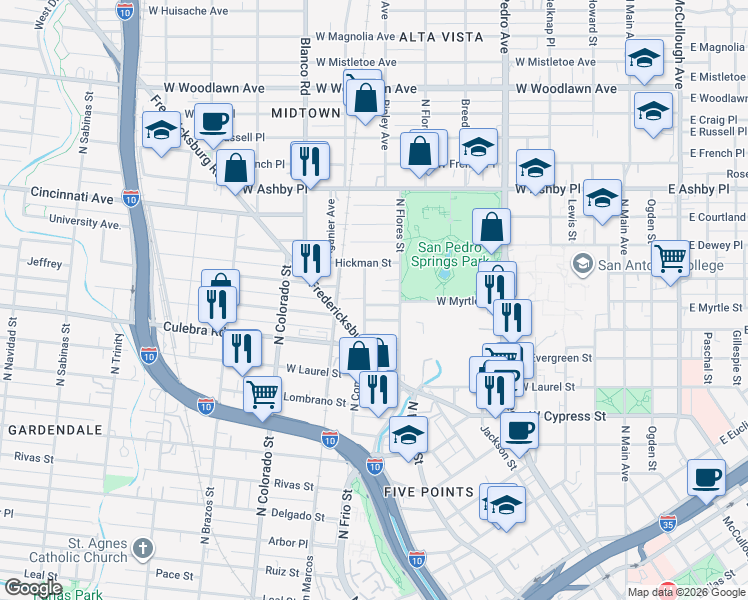 map of restaurants, bars, coffee shops, grocery stores, and more near 941 West Myrtle Street in San Antonio