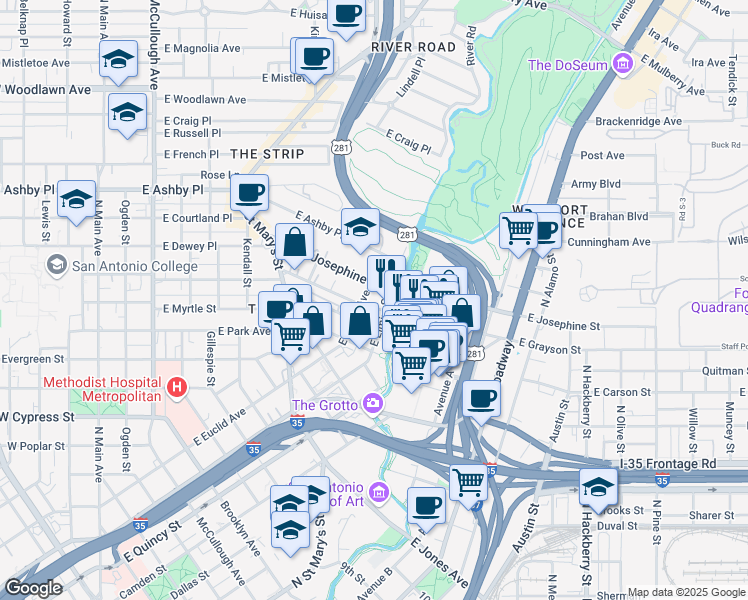 map of restaurants, bars, coffee shops, grocery stores, and more near 125 West Grayson Street in San Antonio