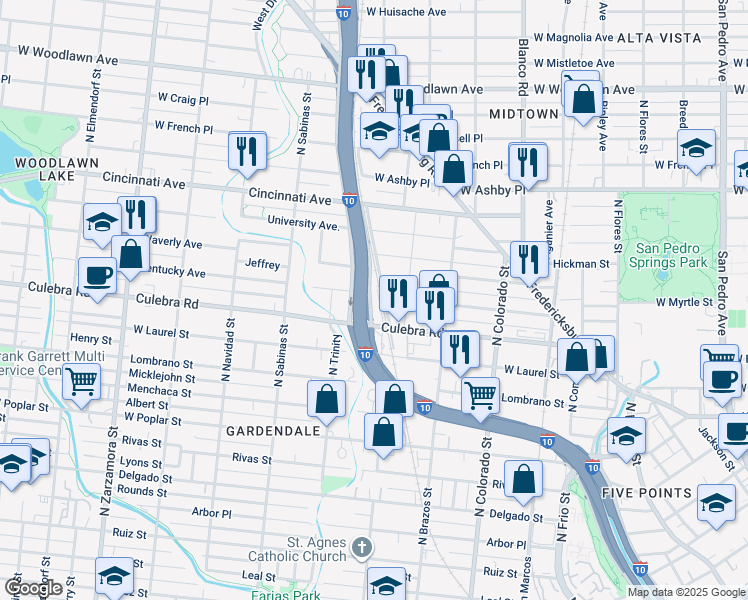 map of restaurants, bars, coffee shops, grocery stores, and more near 126 Jon Ann in San Antonio
