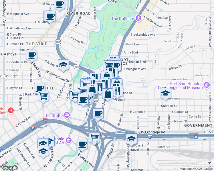 map of restaurants, bars, coffee shops, grocery stores, and more near 2015 Broadway in San Antonio