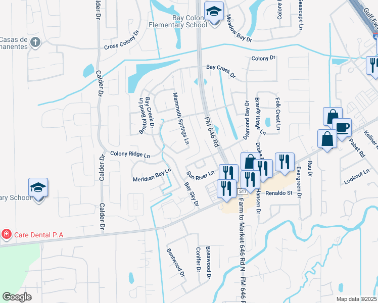 map of restaurants, bars, coffee shops, grocery stores, and more near 2888 Rocky Creek Lane in Dickinson