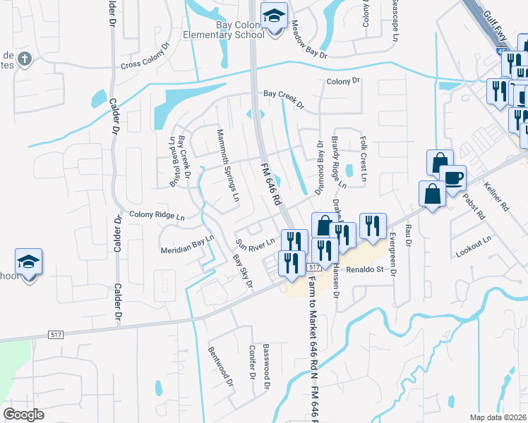 map of restaurants, bars, coffee shops, grocery stores, and more near 338 Brightfield Lane in Dickinson