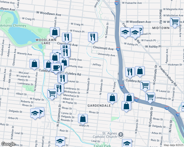 map of restaurants, bars, coffee shops, grocery stores, and more near 843 Culebra Road in San Antonio